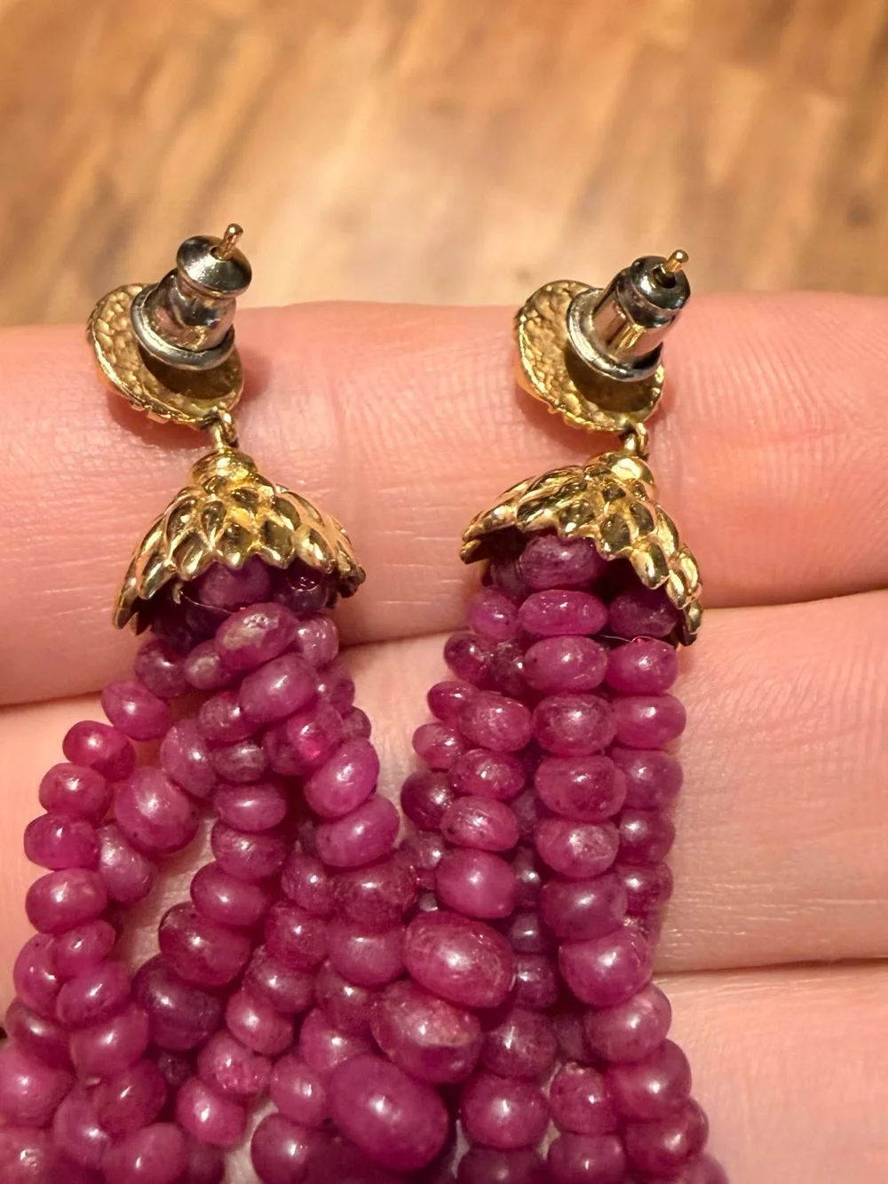 Ruby 22k Gold Earrings from India. Stunning Tassel Earrings - Women Jewelry - Picture 6 of 14